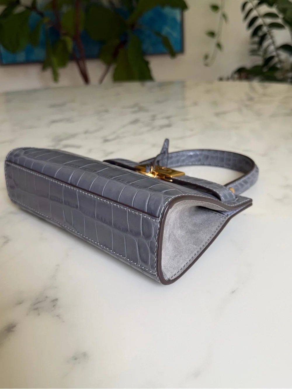 Tory Burch Lee Radziwill Petite Bag in Zinc Gray Crocodile Croc Embossed Leather